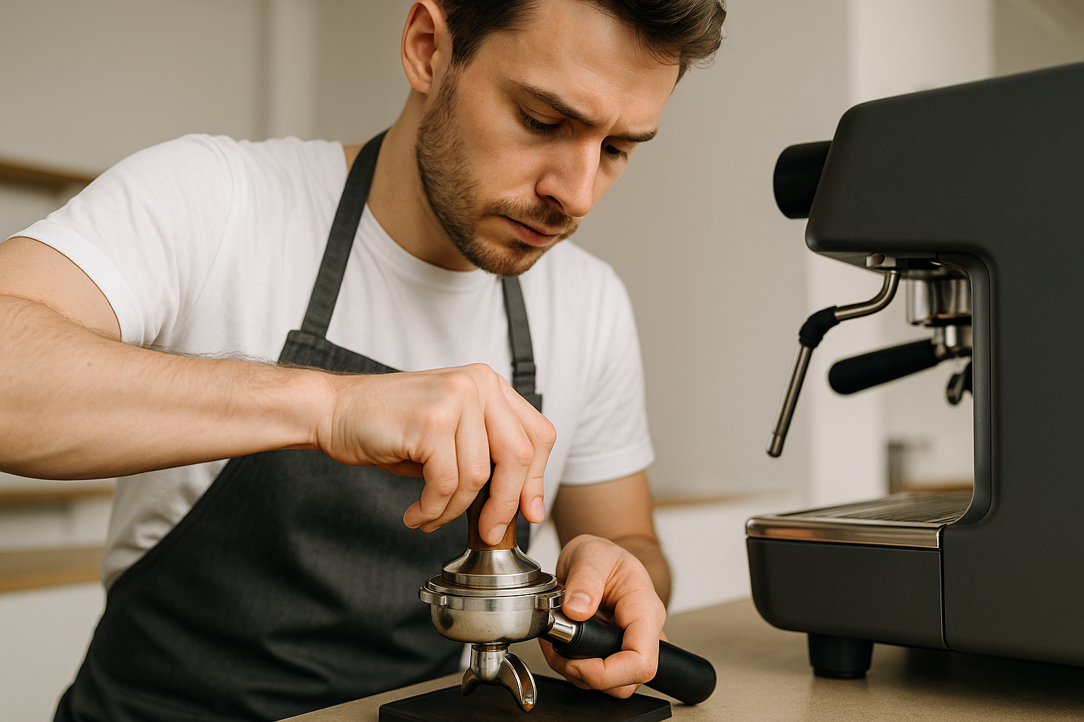 Professional barista with proper hand positioning