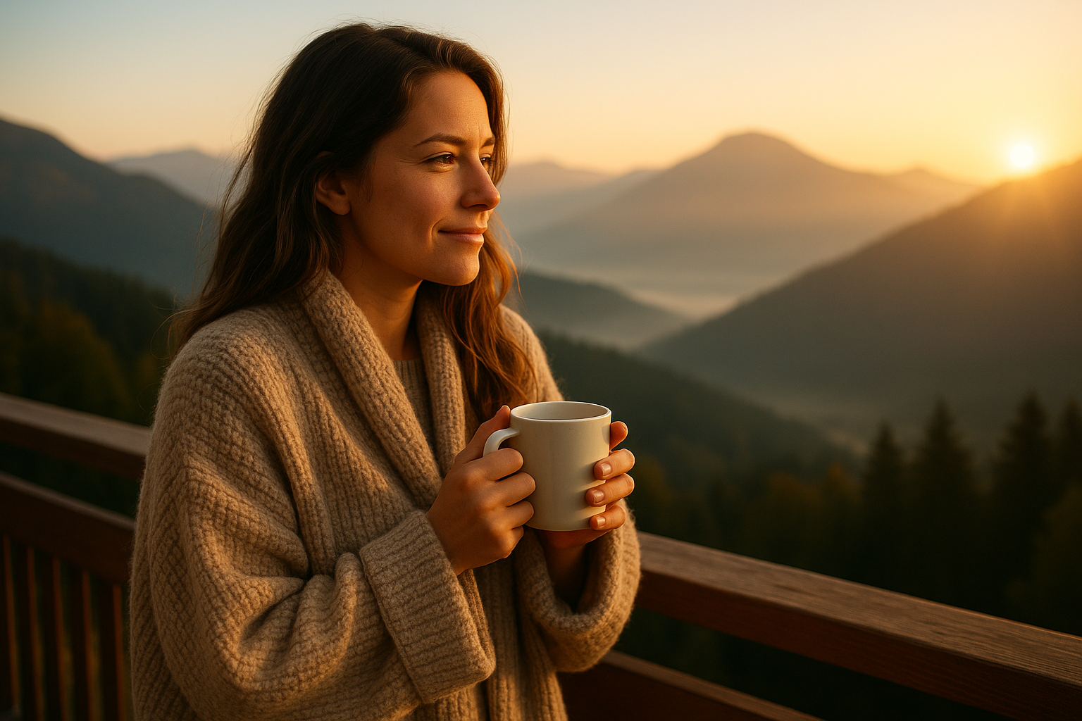 Woman in sweater enjoying coffee at sunrise